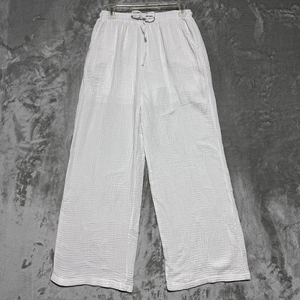 Wide Leg Gauzy Cotton Pants Womens Size M White Flowy Boho Coastal Breathable